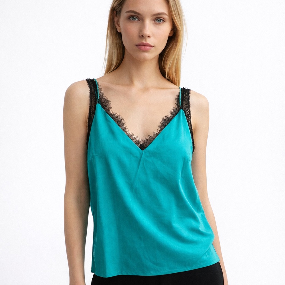 ESPRIT Elegant Teal Camisole Shell Top with Black Lace XS